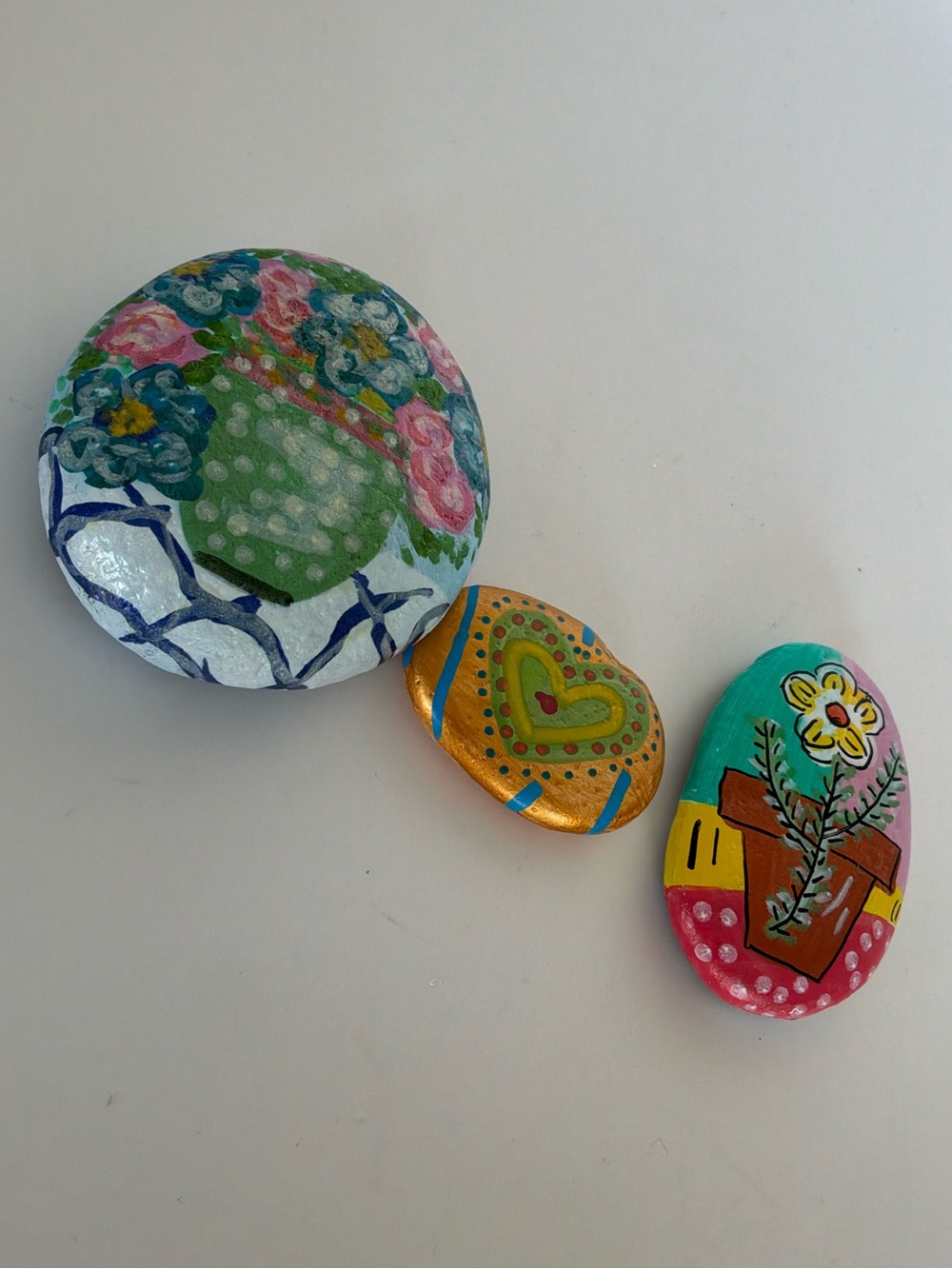 Painted Floral Garden Rocks Elizabeth Harris Art Set of 3 Original Hand painted